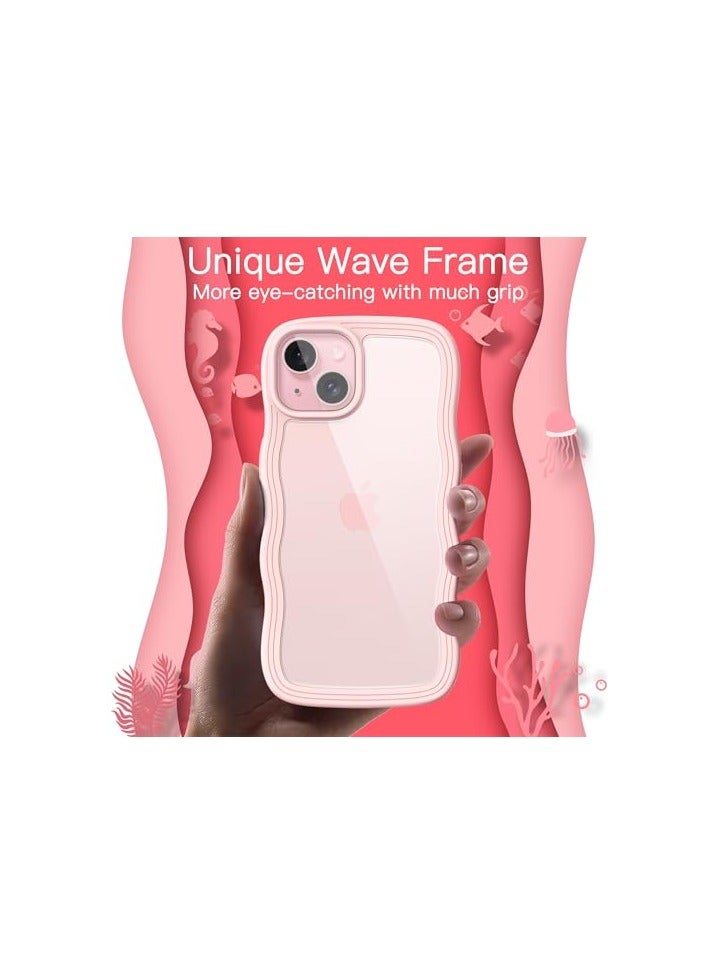 جي تيك حافظة JETech لطيفة لهاتف iPhone 15 مقاس 6.1 بوصة، غطاء هاتف مضاد للصدمات بإطار مموج على شكل مجعد للنساء والفتيات، ظهر صلب شفاف من البولي كربونات (وردي) - Image 2