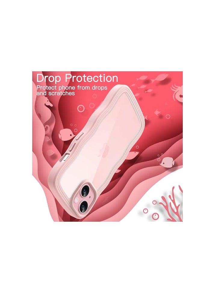 جي تيك حافظة JETech لطيفة لهاتف iPhone 15 مقاس 6.1 بوصة، غطاء هاتف مضاد للصدمات بإطار مموج على شكل مجعد للنساء والفتيات، ظهر صلب شفاف من البولي كربونات (وردي) - Image 4