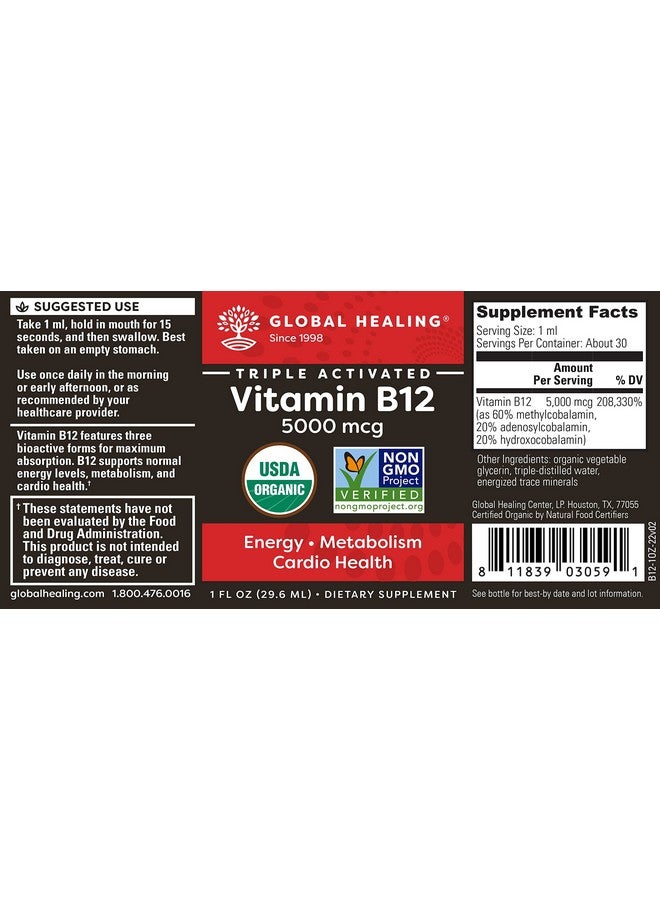 global healing center Global Healing Vitamin B12 Triblend 5000 Mcg Organic Sublingual Liquid Vitamin Drops; Methylcobalamin & Adenosylcobalamin & Hydroxo Blend For Longlasting Energy And Heart Health (1 Oz) - Image 4
