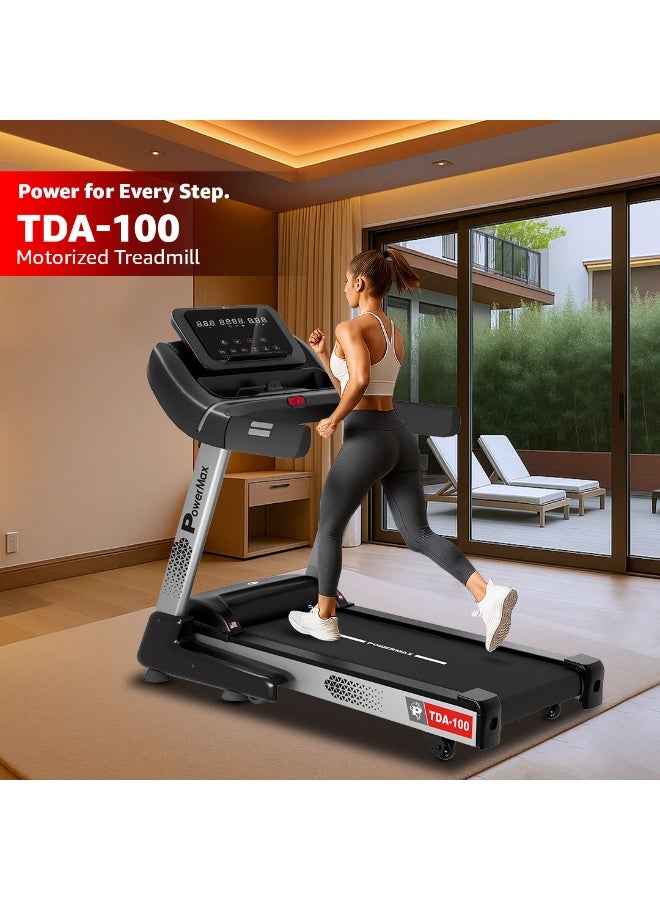 باورماكس فيتنيس تريدميل باورماكس فيتنس TDA-100 بمحرك 5HP مع ميل تلقائي للاستخدام المنزلي، أقصى وزن للمستخدم 130KG، سرعة قصوى 12كم/ساعة، مكبر صوت، شاشة LED، حامل آيباد، آلة جري قابلة للطي للتمارين القلبية - Image 2