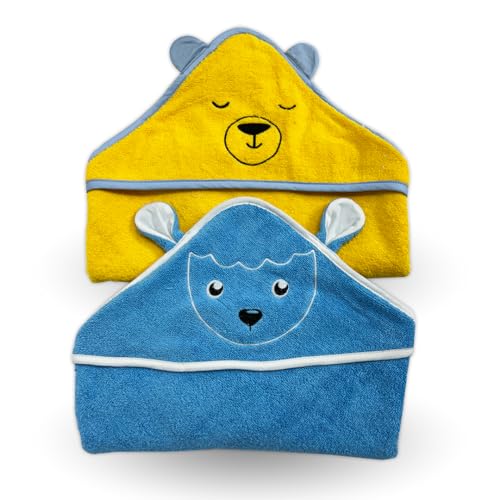 Kridlo 100% Cotton Super Soft Baby Hooded Terry Towels (Pack of 2, 70x70cm), Bath Towels for New Born Baby 0-2 Years, Ideal for Infants & Toddlers (Blue Sheep & Yellow Bear) - Image 1