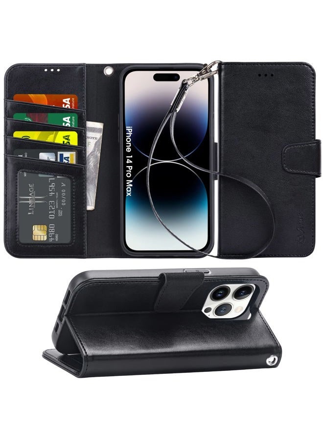 Arae Compatible with iPhone 14 Pro Max Wallet Case with Card Holder and Wrist Strap Wallet Flip Cover for iPhone 14 Pro Max 6.7inch, Black - Image 1