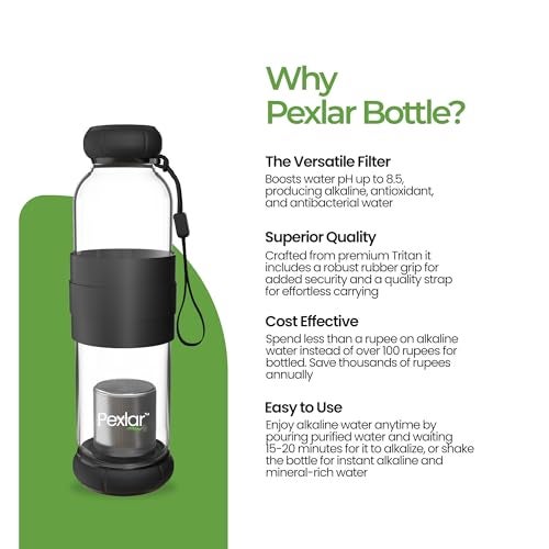 Pexlar Alkaline Water Filter Bottle | Borosilicate Glass | Alkaline Water Generator | Filter Water Bottle | Water Bottle with Filter inside - Black - 500 ml - Image 4