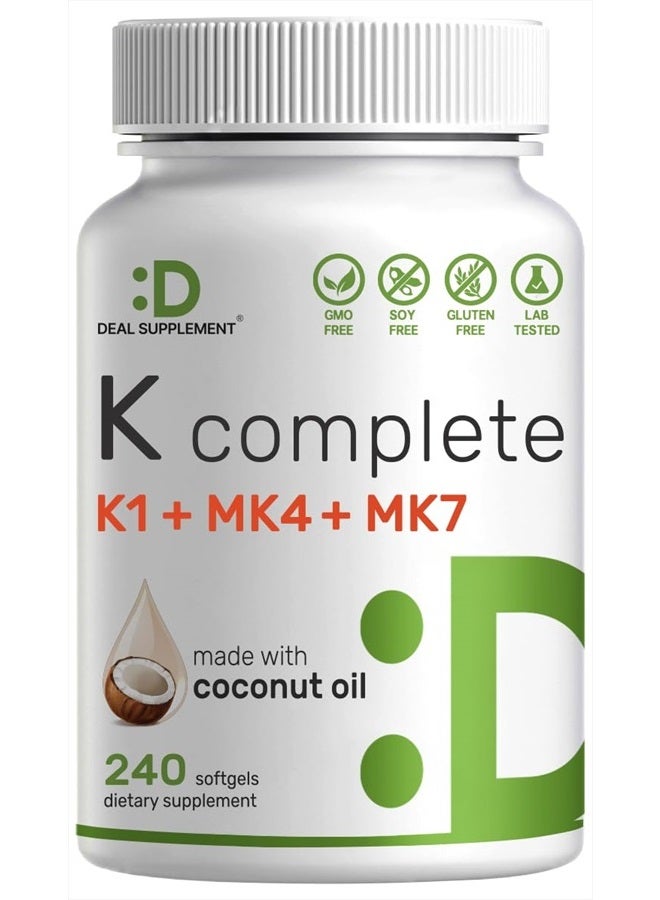 DEAL SUPPLEMENT كومبليت بريميوم ك - فيتامين ك1 وك2 MK-7 وMK-4 بتركيز عالٍ، 240 كبسولة لينة مدعمة بزيت جوز الهند - فيتامين ك ثلاثي الطيف، دعم مثالي لصحة العظام والقلب - Image 1