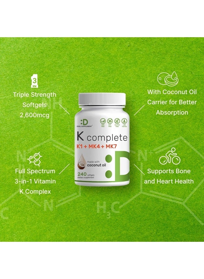 DEAL SUPPLEMENT كومبليت بريميوم ك - فيتامين ك1 وك2 MK-7 وMK-4 بتركيز عالٍ، 240 كبسولة لينة مدعمة بزيت جوز الهند - فيتامين ك ثلاثي الطيف، دعم مثالي لصحة العظام والقلب - Image 4