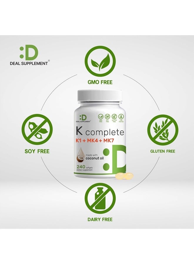 DEAL SUPPLEMENT كومبليت بريميوم ك - فيتامين ك1 وك2 MK-7 وMK-4 بتركيز عالٍ، 240 كبسولة لينة مدعمة بزيت جوز الهند - فيتامين ك ثلاثي الطيف، دعم مثالي لصحة العظام والقلب - Image 3