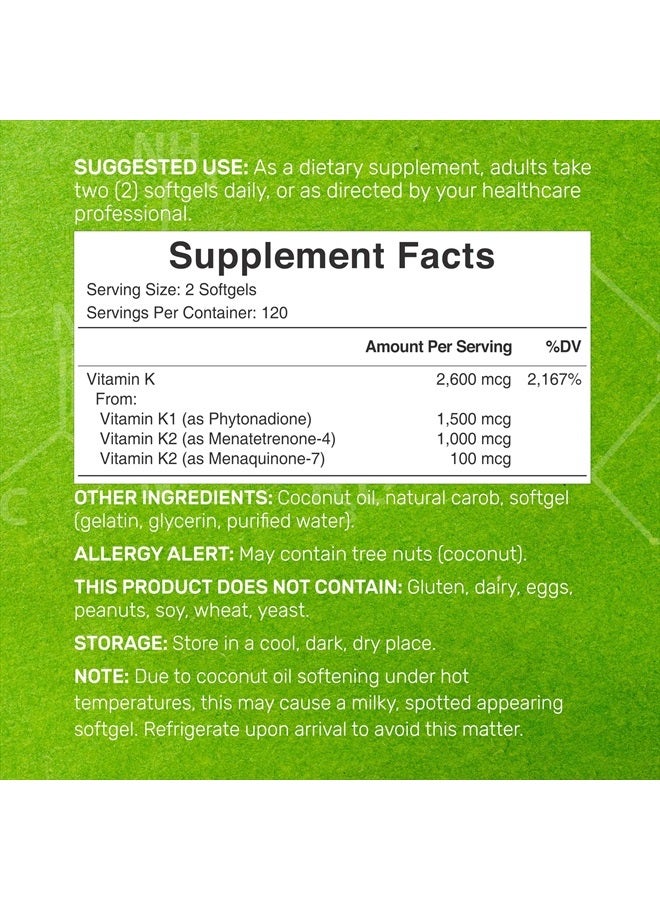 DEAL SUPPLEMENT كومبليت بريميوم ك - فيتامين ك1 وك2 MK-7 وMK-4 بتركيز عالٍ، 240 كبسولة لينة مدعمة بزيت جوز الهند - فيتامين ك ثلاثي الطيف، دعم مثالي لصحة العظام والقلب - Image 2