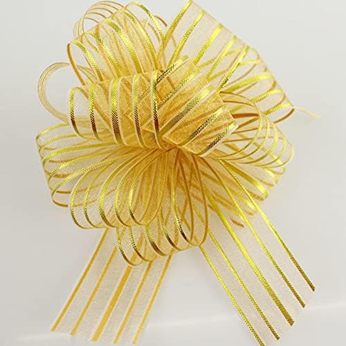 OMX -10 Bow Golden Colour Colour 50 mm Pull Bow Organza Striped Ribbon String with 35" Long Tulle Tails Party Bridal Gift wrap Wrapping Bows,Gift Bows, Christmas Bows - Image 2