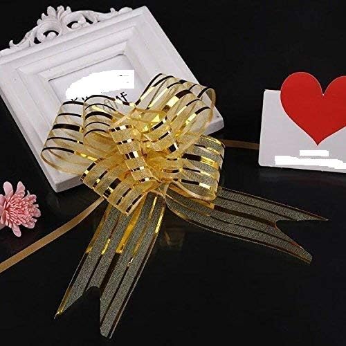 OMX -10 Bow Golden Colour Colour 50 mm Pull Bow Organza Striped Ribbon String with 35" Long Tulle Tails Party Bridal Gift wrap Wrapping Bows,Gift Bows, Christmas Bows - Image 4