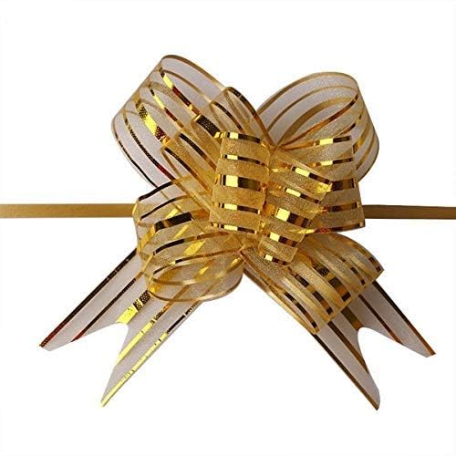 OMX -10 Bow Golden Colour Colour 50 mm Pull Bow Organza Striped Ribbon String with 35" Long Tulle Tails Party Bridal Gift wrap Wrapping Bows,Gift Bows, Christmas Bows - Image 3