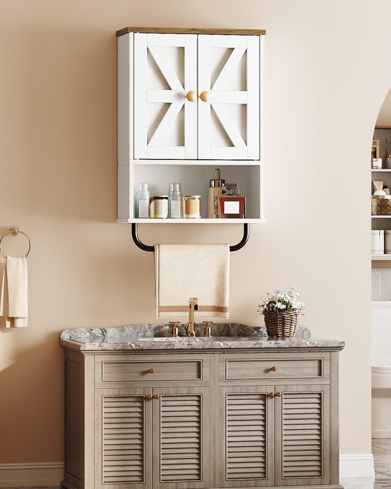 CHOEZON Bathroom Wall Cabinet, Medicine Cabinet with Open Partition and Towel Bar, Rustic Storage Cabinet with Open and Hidden Storage Space, for Bathroom, Living Room, Kitchen, White and Walnut - Image 2