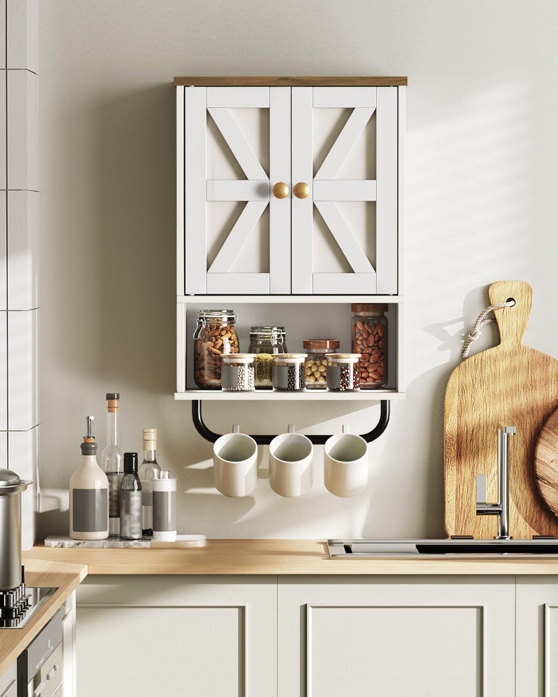 CHOEZON Bathroom Wall Cabinet, Medicine Cabinet with Open Partition and Towel Bar, Rustic Storage Cabinet with Open and Hidden Storage Space, for Bathroom, Living Room, Kitchen, White and Walnut - Image 4