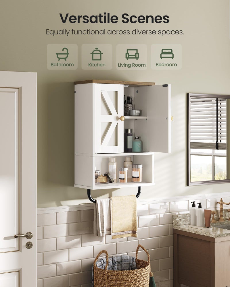 CHOEZON Bathroom Wall Cabinet, Medicine Cabinet with Open Partition and Towel Bar, Rustic Storage Cabinet with Open and Hidden Storage Space, for Bathroom, Living Room, Kitchen, White and Walnut - Image 5