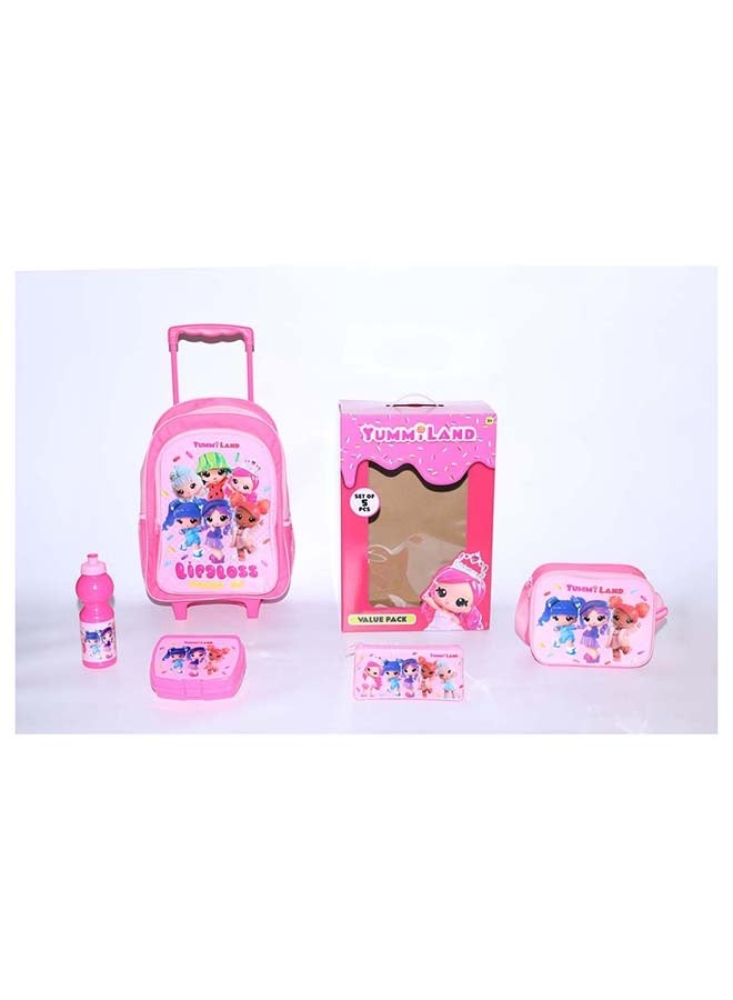 ام جي اي طقم مدرسة يامي لاند 5 في 1 – شنطة ترولي 16 بوصة، صندوق طعام، زجاجة ماء، مقلمة، وشنطة طعام – تصميم كرتوني لطيف للأطفال - Image 1