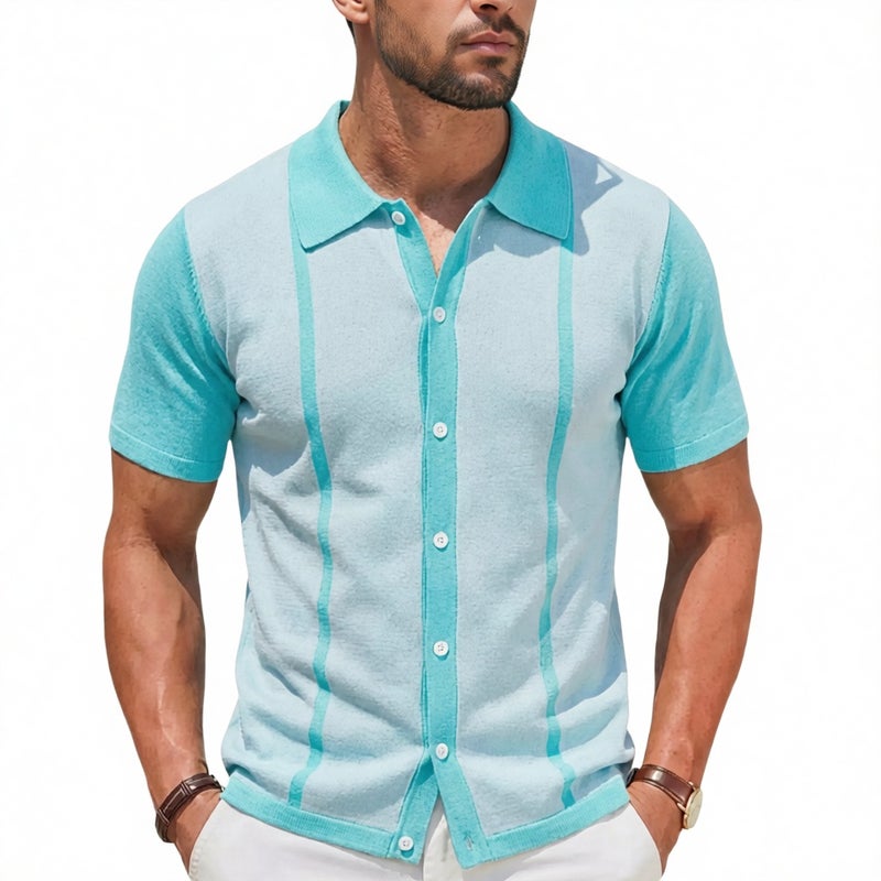 Men's Knitted Polo Shirt Short Sleeve Striped Casual Top - Image 1