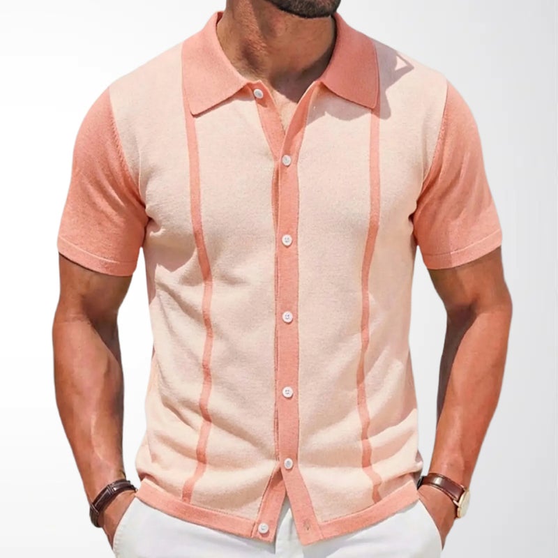 Men's Knitted Polo Shirt Short Sleeve Striped Casual Top - Image 2