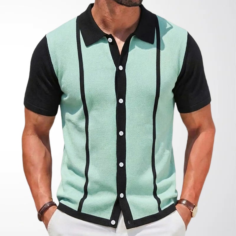 Men's Knitted Polo Shirt Short Sleeve Striped Casual Top - Image 3