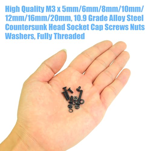 DYWISHKEY 566 Pieces M3 Black Screws, 10.9 Grade Alloy Steel M3x 5/6 /8/10 /12/16 /20mm Countersunk Head Socket Cap Screws Bolts Nuts Washers Assortment Kit - Image 5