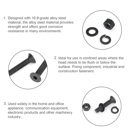 DYWISHKEY 566 Pieces M3 Black Screws, 10.9 Grade Alloy Steel M3x 5/6 /8/10 /12/16 /20mm Countersunk Head Socket Cap Screws Bolts Nuts Washers Assortment Kit - Image 4