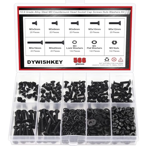 DYWISHKEY 566 Pieces M3 Black Screws, 10.9 Grade Alloy Steel M3x 5/6 /8/10 /12/16 /20mm Countersunk Head Socket Cap Screws Bolts Nuts Washers Assortment Kit - Image 1