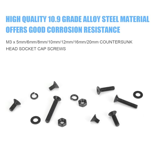 DYWISHKEY 566 Pieces M3 Black Screws, 10.9 Grade Alloy Steel M3x 5/6 /8/10 /12/16 /20mm Countersunk Head Socket Cap Screws Bolts Nuts Washers Assortment Kit - Image 2