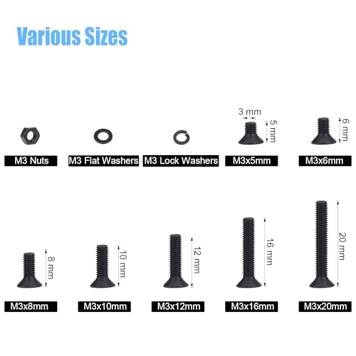 DYWISHKEY 566 Pieces M3 Black Screws, 10.9 Grade Alloy Steel M3x 5/6 /8/10 /12/16 /20mm Countersunk Head Socket Cap Screws Bolts Nuts Washers Assortment Kit - Image 3