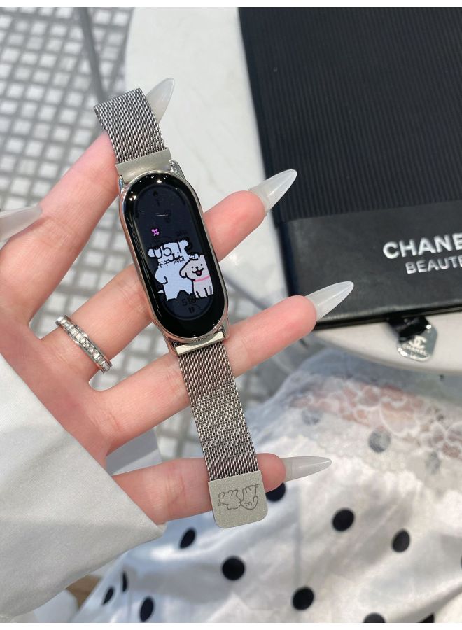 Suitable For XiaomiMi Band 9/8 Generation Cartoon Milanese Magnetic Metal Strap-Color:Silver Puppy-Specification:mi-9