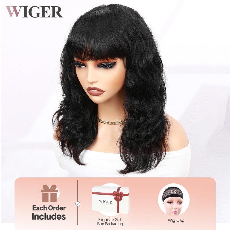 WIGER Black Natural Wave Bang Wigs for Women Human Hair Curly Wig with Bangs None Lace Front Wigs Medium Length Human Hair Glueless Loose Curly Wig for Daily (16 Inches) - Image 4