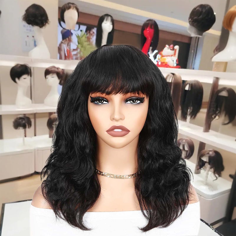 WIGER Black Natural Wave Bang Wigs for Women Human Hair Curly Wig with Bangs None Lace Front Wigs Medium Length Human Hair Glueless Loose Curly Wig for Daily (16 Inches) - Image 3