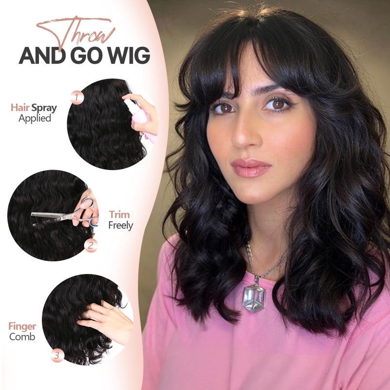 WIGER Black Natural Wave Bang Wigs for Women Human Hair Curly Wig with Bangs None Lace Front Wigs Medium Length Human Hair Glueless Loose Curly Wig for Daily (16 Inches) - Image 5