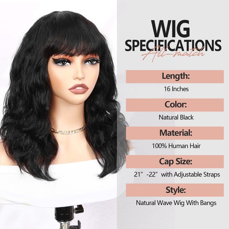 WIGER Black Natural Wave Bang Wigs for Women Human Hair Curly Wig with Bangs None Lace Front Wigs Medium Length Human Hair Glueless Loose Curly Wig for Daily (16 Inches) - Image 2