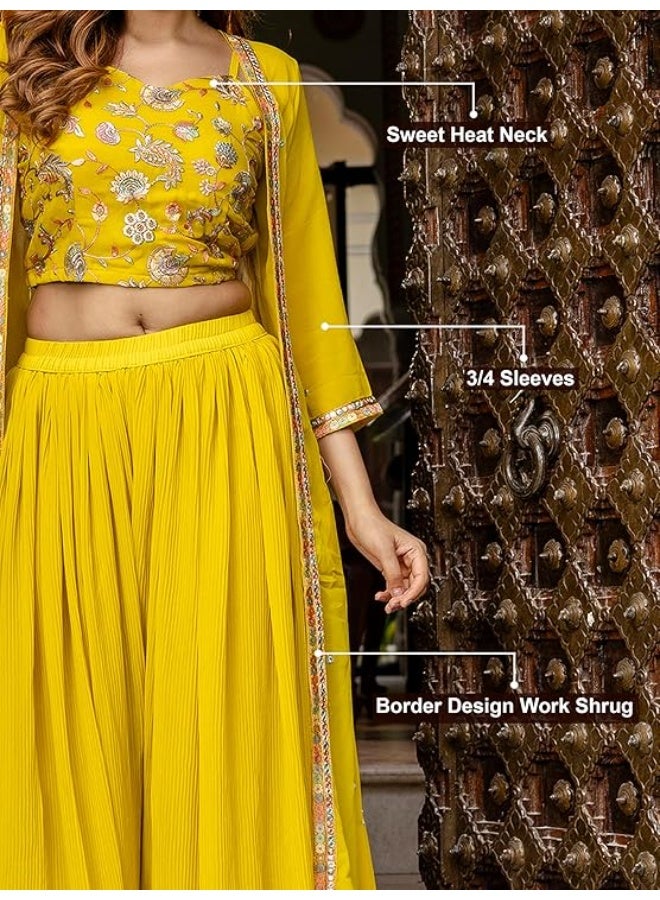 TRENDMALLS S طقم نسائي من تريندمالز، مكون من بلوزة قصيرة مطرزة بالترتر من قماش الجورجيت، وبنطال بالازو واسع، وسترة قصيرة، وسروال سالوار عرقي. - Image 4