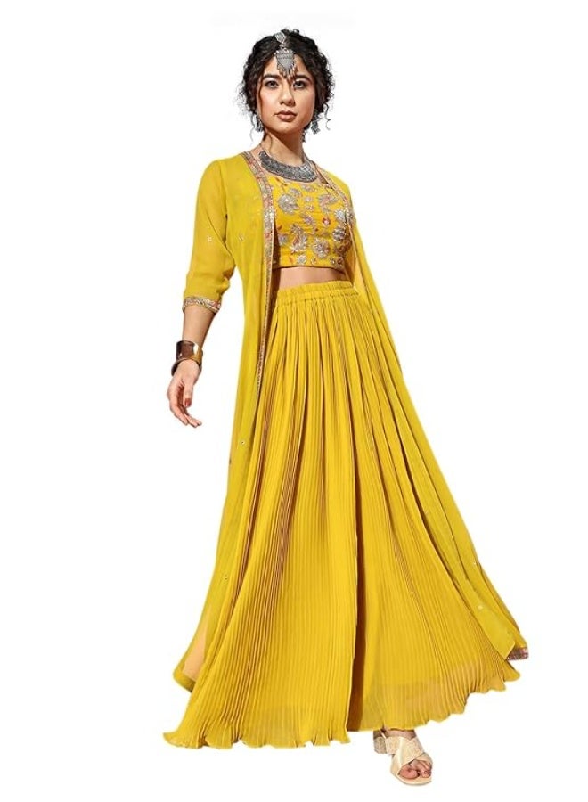 TRENDMALLS S طقم نسائي من تريندمالز، مكون من بلوزة قصيرة مطرزة بالترتر من قماش الجورجيت، وبنطال بالازو واسع، وسترة قصيرة، وسروال سالوار عرقي. - Image 1