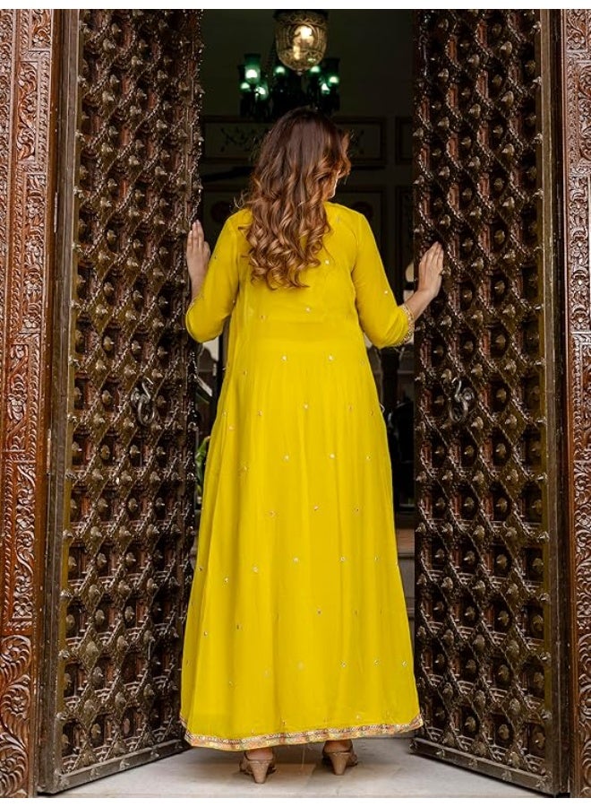 TRENDMALLS S طقم نسائي من تريندمالز، مكون من بلوزة قصيرة مطرزة بالترتر من قماش الجورجيت، وبنطال بالازو واسع، وسترة قصيرة، وسروال سالوار عرقي. - Image 2