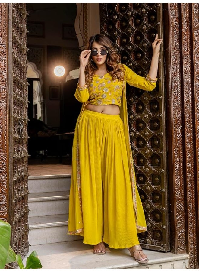 TRENDMALLS S طقم نسائي من تريندمالز، مكون من بلوزة قصيرة مطرزة بالترتر من قماش الجورجيت، وبنطال بالازو واسع، وسترة قصيرة، وسروال سالوار عرقي. - Image 3