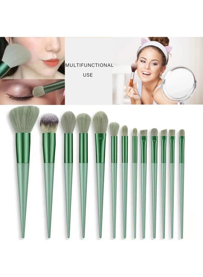 13-Piece Makeup Brush Set with Flannel Bag, Professional Multi Use Brush Set for Face Powder Blush Concealer Eyeshadow Loose Brush (Green) - Image 2