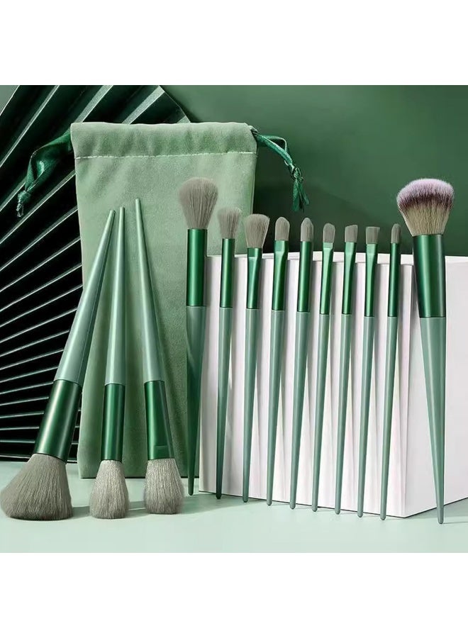 13-Piece Makeup Brush Set with Flannel Bag, Professional Multi Use Brush Set for Face Powder Blush Concealer Eyeshadow Loose Brush (Green) - Image 3