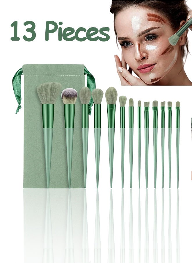13-Piece Makeup Brush Set with Flannel Bag, Professional Multi Use Brush Set for Face Powder Blush Concealer Eyeshadow Loose Brush (Green) - Image 1