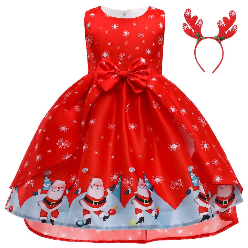 Girls Christmas Dress Christmas Dress Party Costume Childrens Cos Santa Claus Costume Princess Dress SD062-Red (with headband)