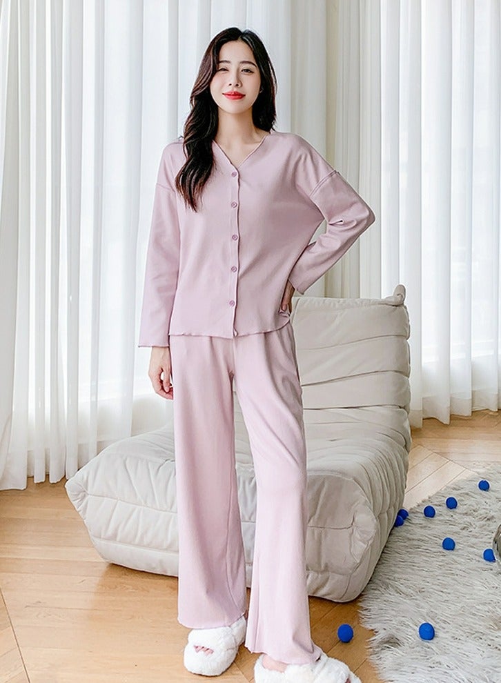Loquat Women's Solid Color 2-Piece Set Loose Nightgown Sleepwear Long Sleeve V-Neck Top And Pants Soft Loungewear Wear Warm Pajamas Suit Dusty Pink  - Image 1