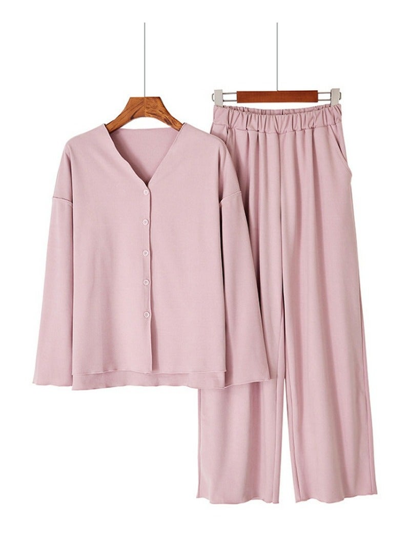Loquat Women's Solid Color 2-Piece Set Loose Nightgown Sleepwear Long Sleeve V-Neck Top And Pants Soft Loungewear Wear Warm Pajamas Suit Dusty Pink  - Image 3