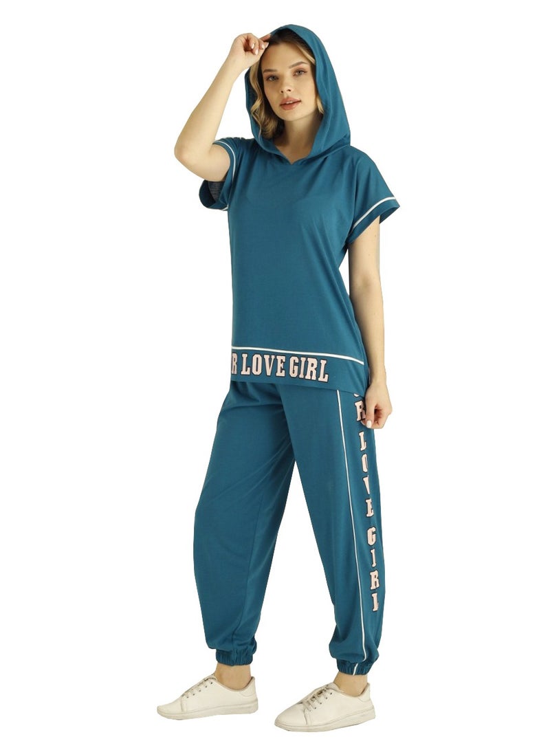 Boyraz Women's Sportswear Hoodie Top and Pants Set Turkish Cotton Ladies Tracksuit Set Sport Dress Teal Blue  - Image 1