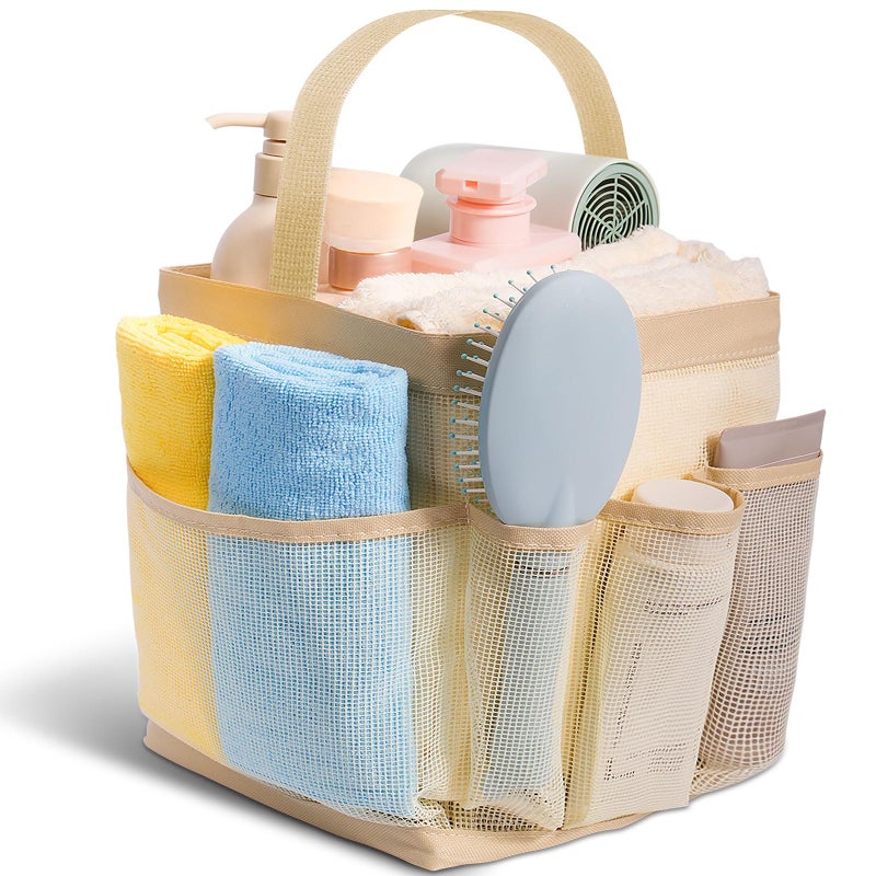 Asisnt Mesh Shower Caddy for College Dorm Room Essentials for Girls with 9 Pockets,Large-Capacity Shower Basket,Quick Dry Toiletry Tote Bag for Women,Outdoor Gym,Travel,Swim,Beach Camping Essentials-Beige - Image 1