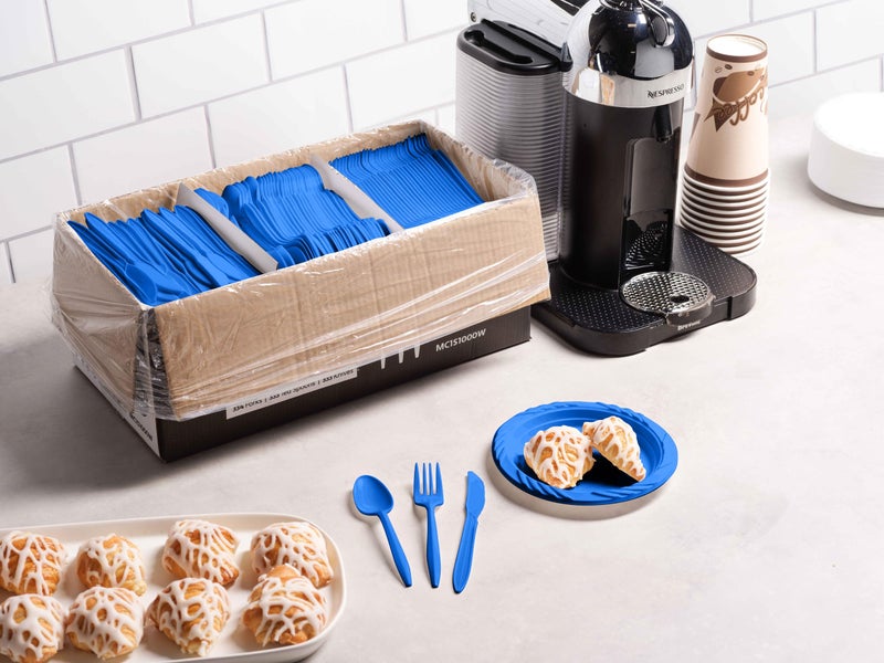 Munfix 1000 Count Blue Silverware Set  334 Plastic Forks  333 Spoons  333 Knives  Medium Weight BPA Free Disposable Cutlery Set  Bulk Combo Pack Flatware Set for Party Supplies - Image 3