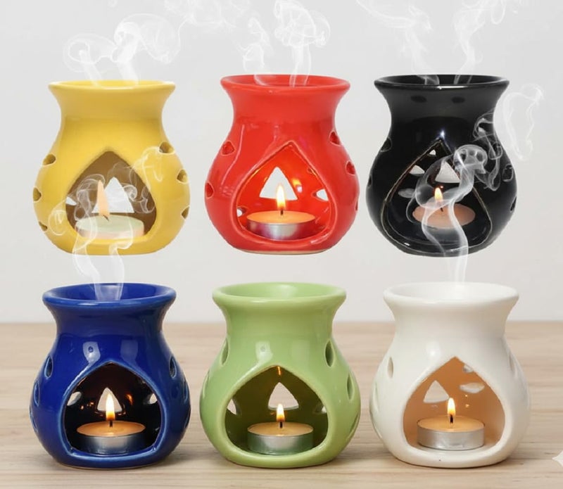 Mkd2 Rise Ceramic Candle Operated Aroma Diffuser Oil Burner Lamp -Set of 6, Multicolour (Red, Yellow, Blue, Black, White & Green) for Fragrance at Home, Office, Hotel - Image 1