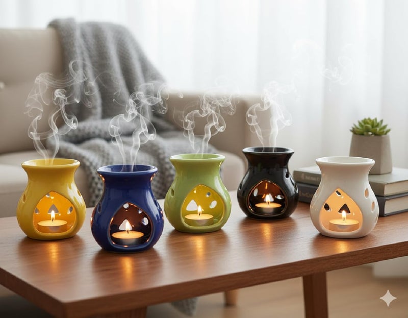 Mkd2 Rise Ceramic Candle Operated Aroma Diffuser Oil Burner Lamp -Set of 6, Multicolour (Red, Yellow, Blue, Black, White & Green) for Fragrance at Home, Office, Hotel - Image 2