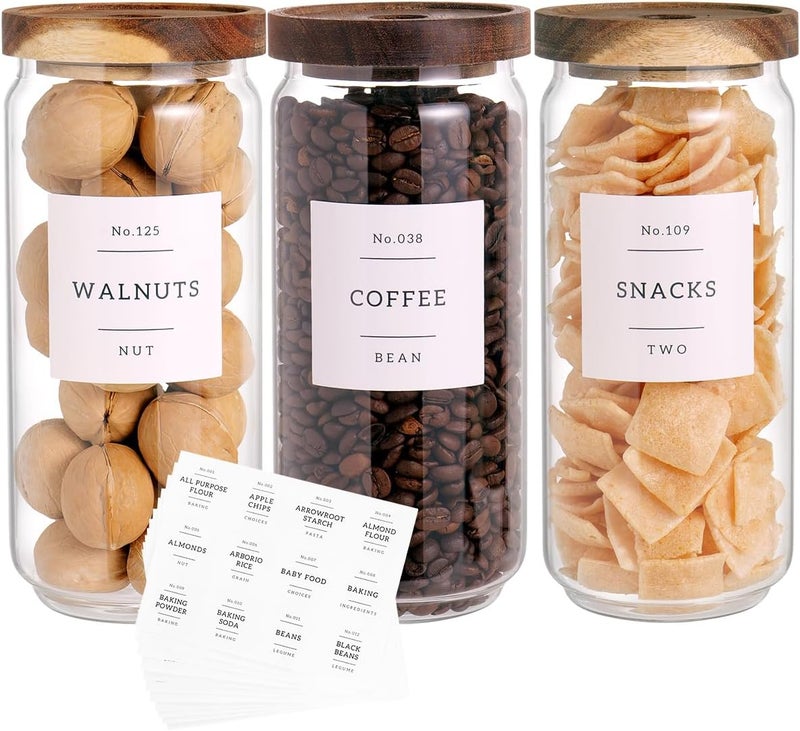 CZZGSM 3 Set Glass Pantry Storage Jars with Acacia Airtight Lid - 35oz Thicken Glass Kitchen Canisters with 132 Pantry Labels - Clear Food Storage Containers with Wood Lid for Tea,Sugar,Cookie,Pasta - Image 1
