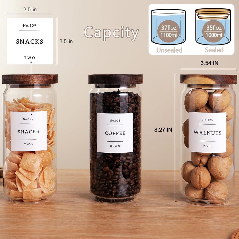 CZZGSM 3 Set Glass Pantry Storage Jars with Acacia Airtight Lid - 35oz Thicken Glass Kitchen Canisters with 132 Pantry Labels - Clear Food Storage Containers with Wood Lid for Tea,Sugar,Cookie,Pasta - Image 4