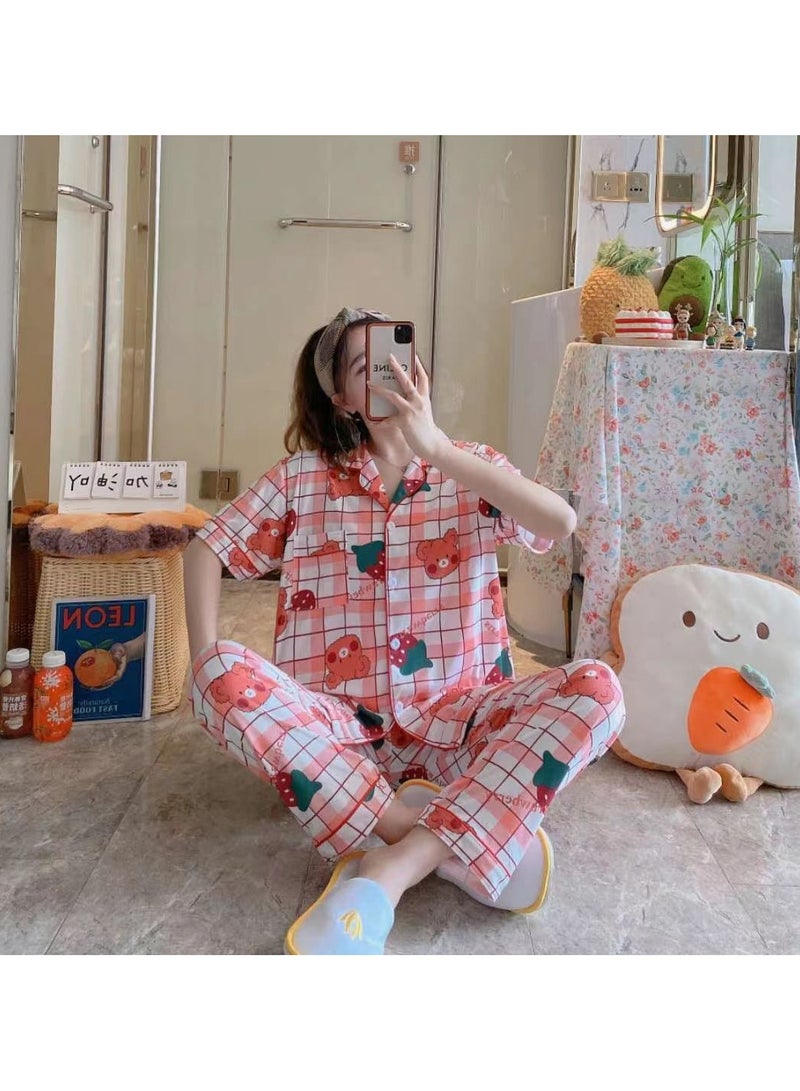 DubaiGallery New Summer Short-sleeved Shorts And Trousers Three-piece Cute Cartoon Women's Pajama Suit Thin Girl's Cardigan Home Clothes