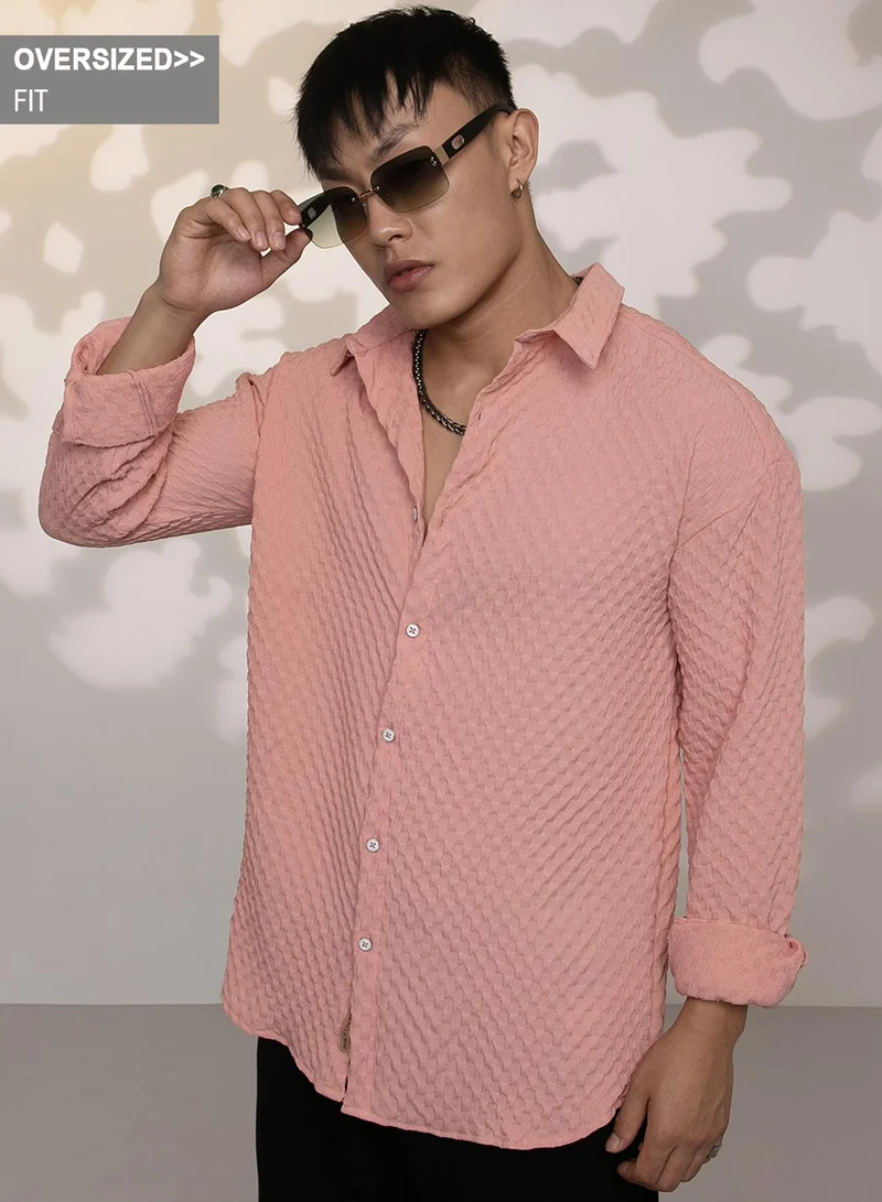 Campus Sutra Men's Blush Pink Cubic-Textured Oversized Shirt